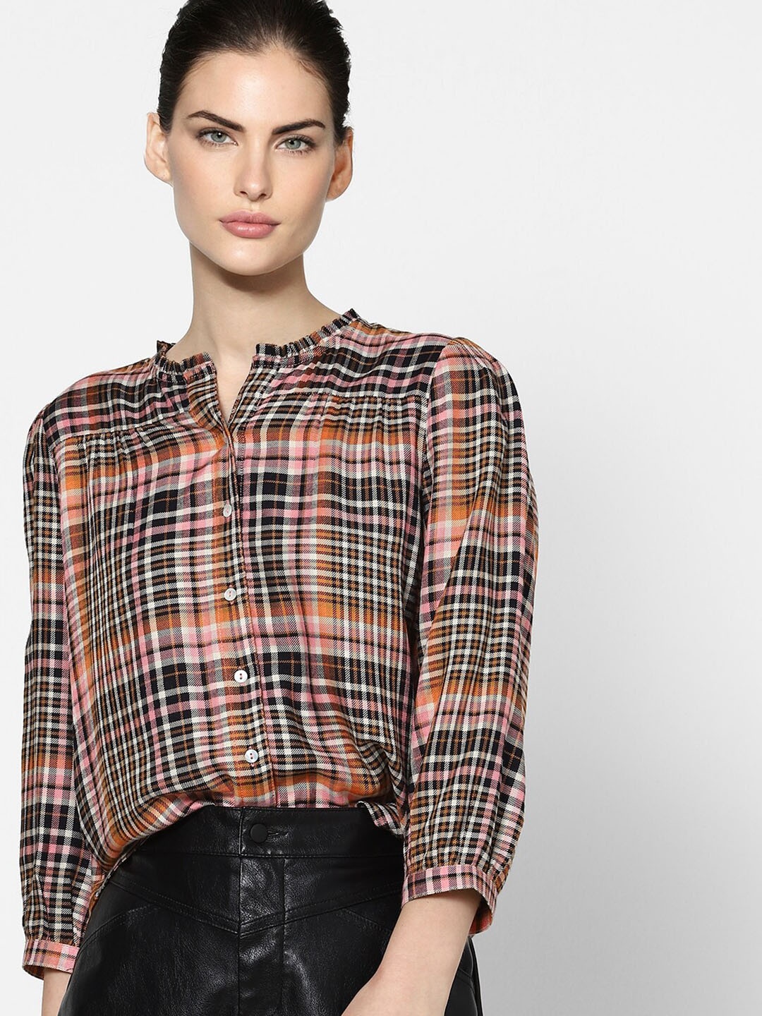 

ONLY Women Brown & Black Checked Mandarin Collar Shirt Style Top