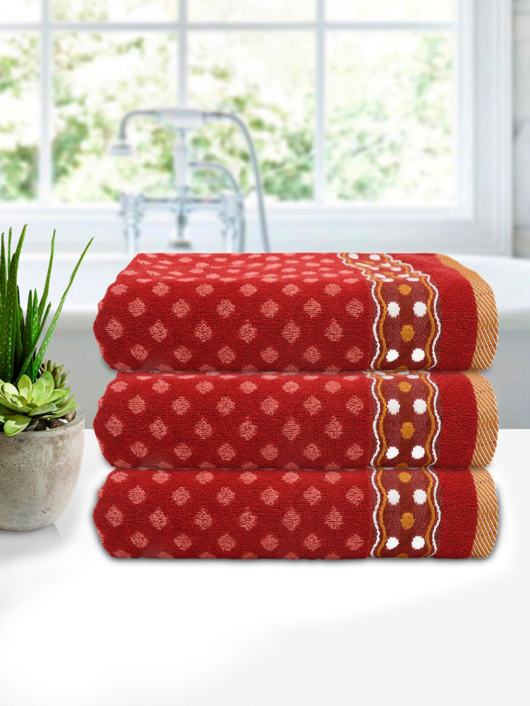 

Kuber Industries Pack Of 3 Red Printed 300 GSM Soft Cotton Bath Towels