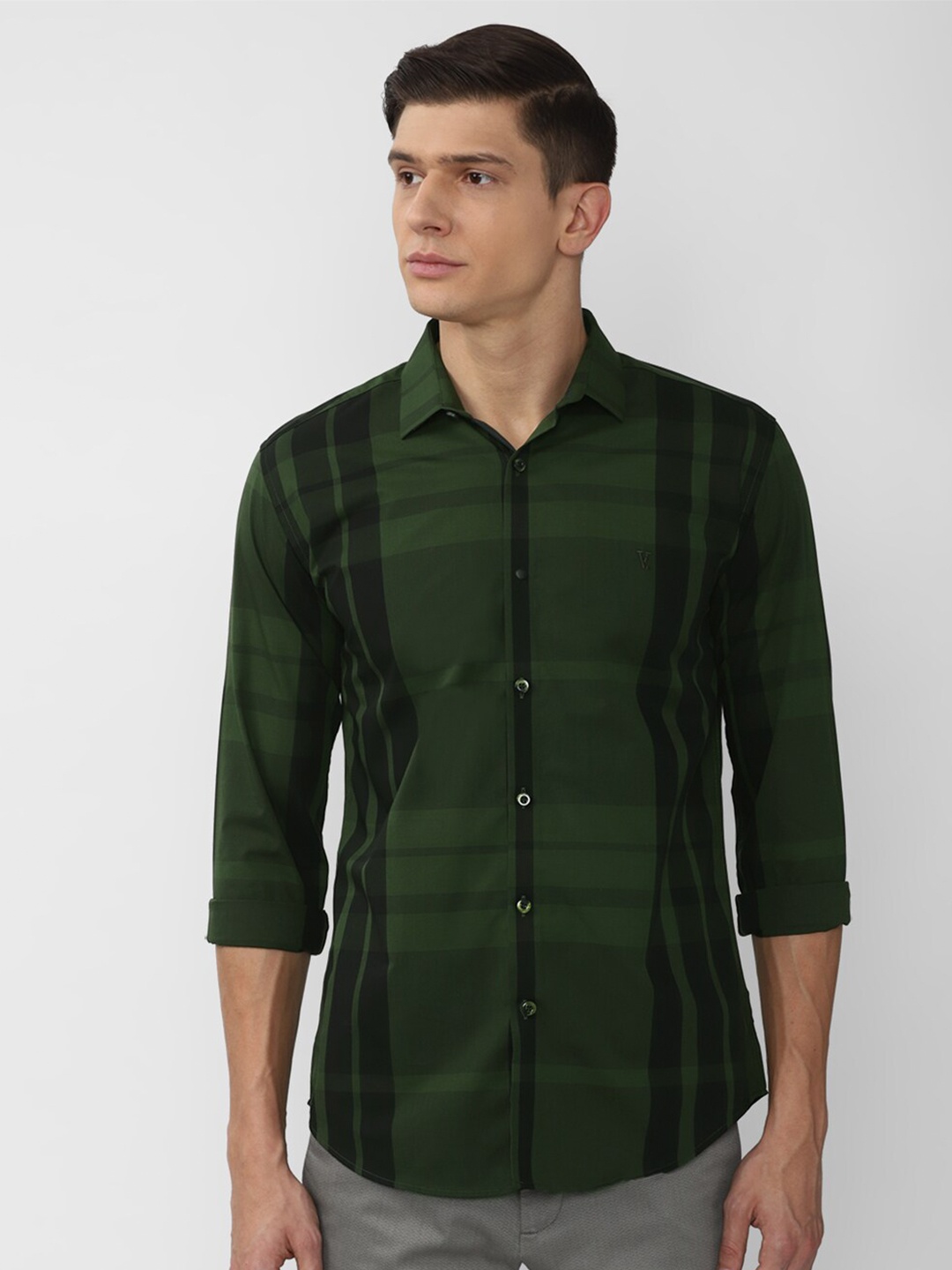 

V Dot Men Green Slim Fit Windowpane Checked Casual Shirt