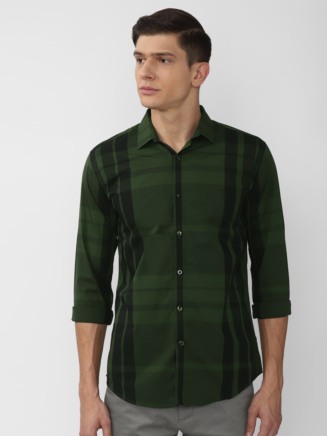 

V Dot Men Green Slim Fit Windowpane Checked Casual Shirt