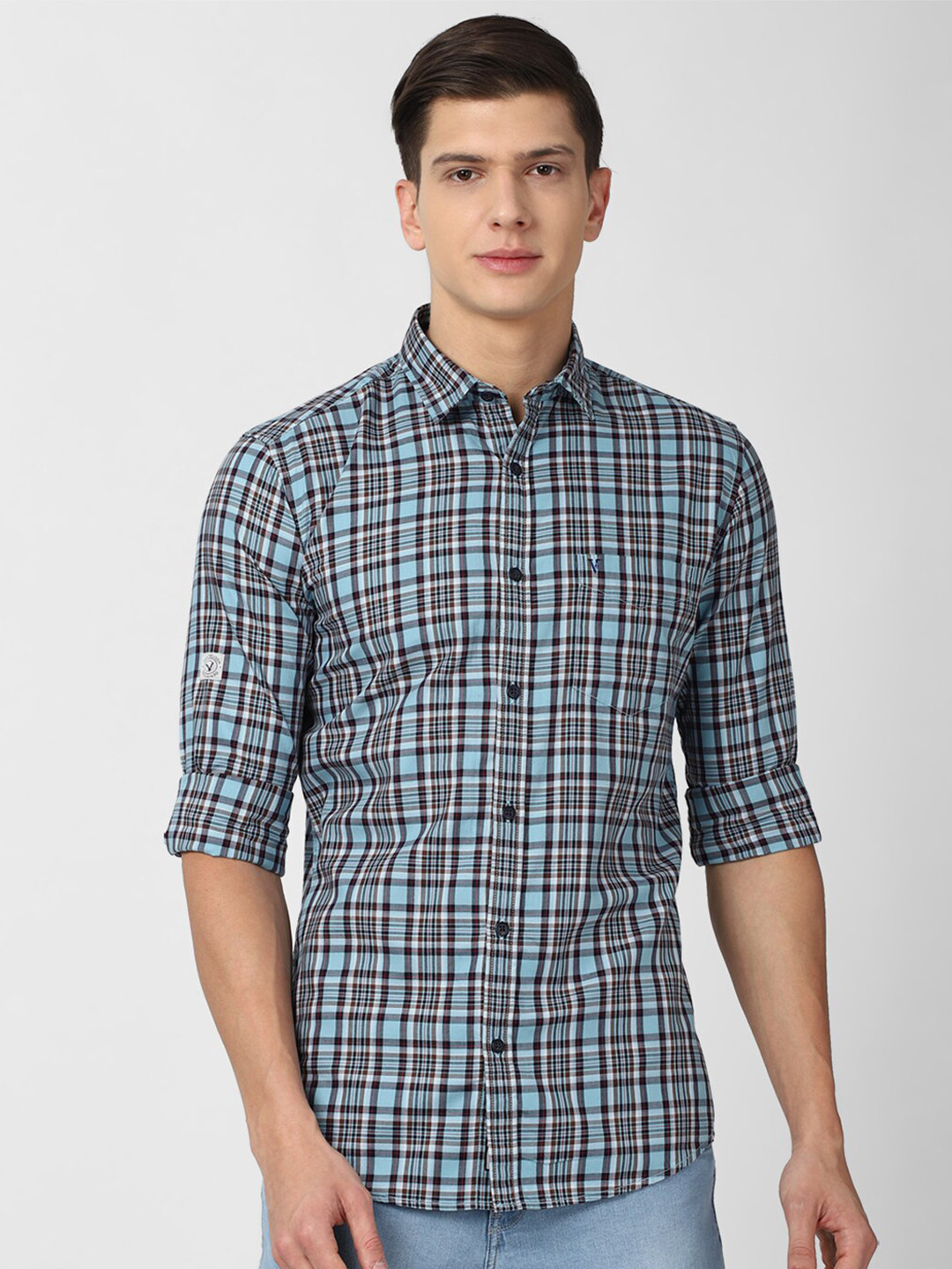 

VAN HEUSEN DENIM LABS Men Blue Slim Fit Checked Casual Shirt