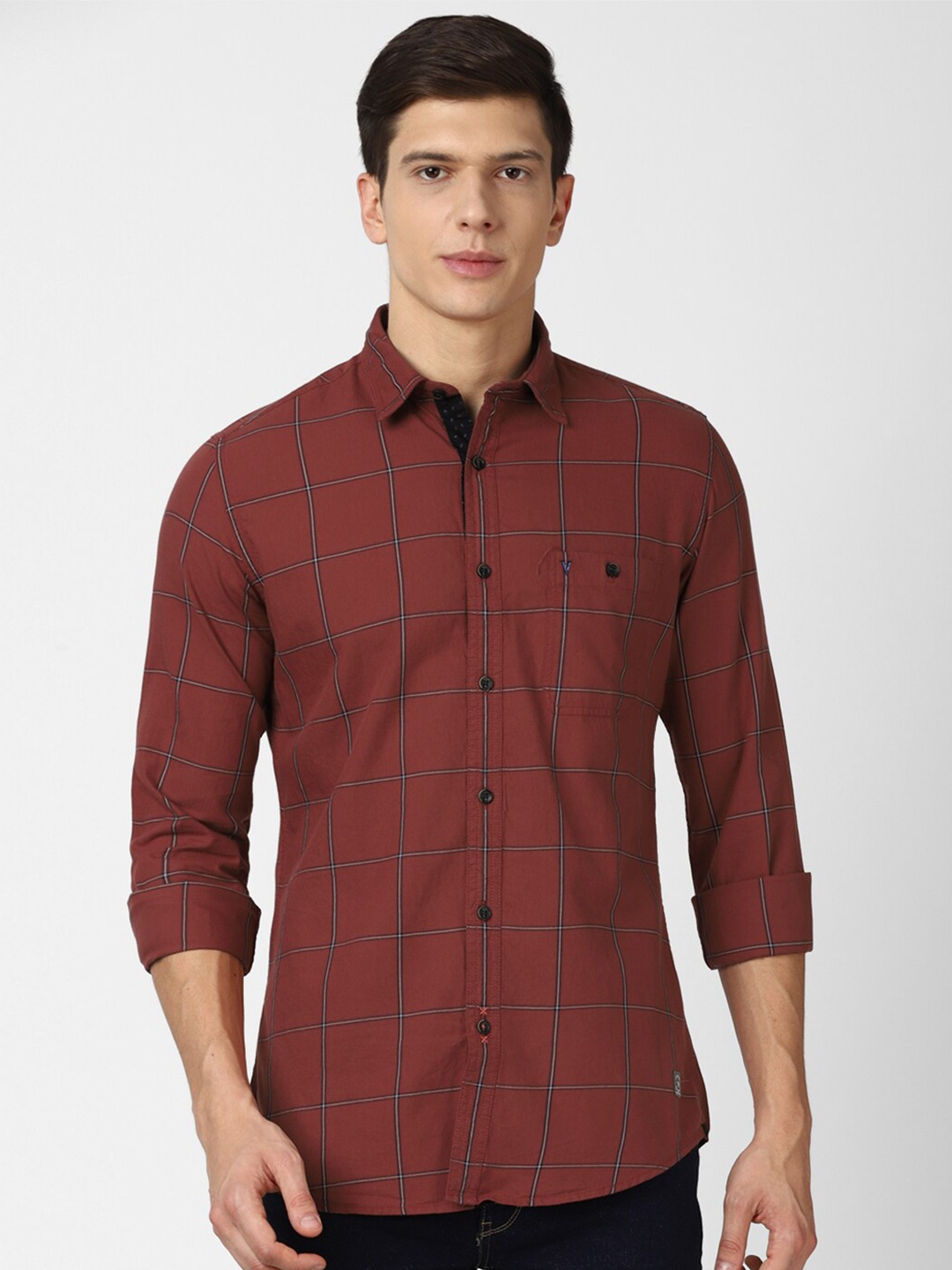 

VAN HEUSEN DENIM LABS Men Maroon Slim Fit Windowpane Checks Checked Casual Shirt