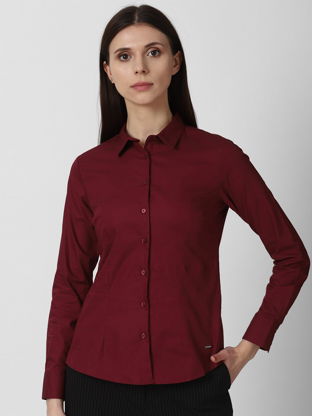 

Van Heusen Woman Maroon Solid Cotton Formal Shirt
