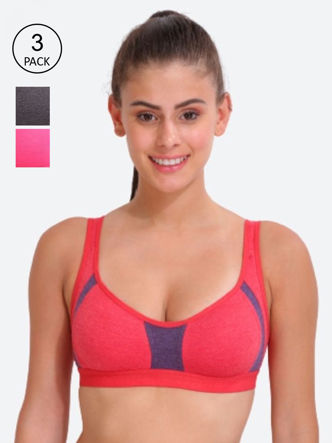 

Innocence Coral & Grey Pack of 3 Solid Non Wired Non Padded Everyday Bra