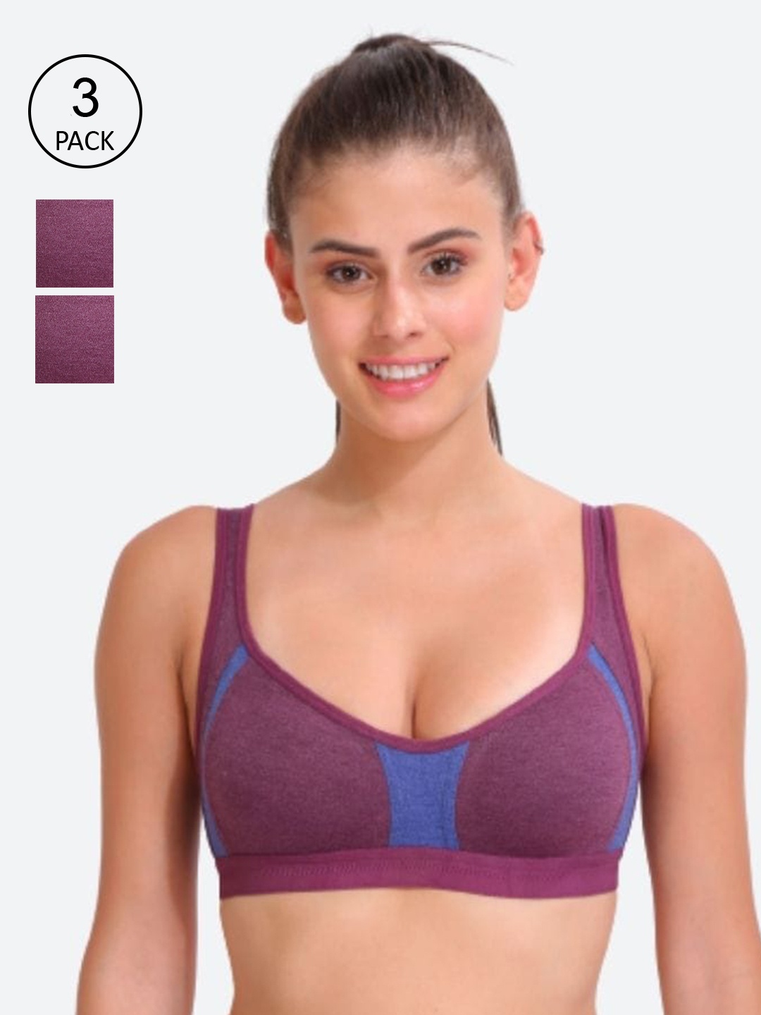 

Innocence Women Purple & Blue Pack Of 3 Non-Wired Full Coverage Sports Bra