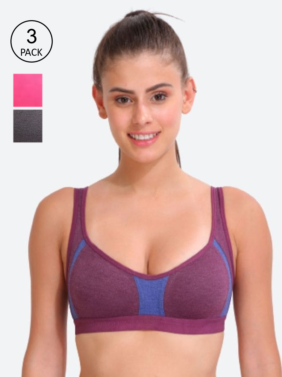 

Innocence Set Of 3 Colourblocked Non-Wired Full Coverage Sports Bra, Blue