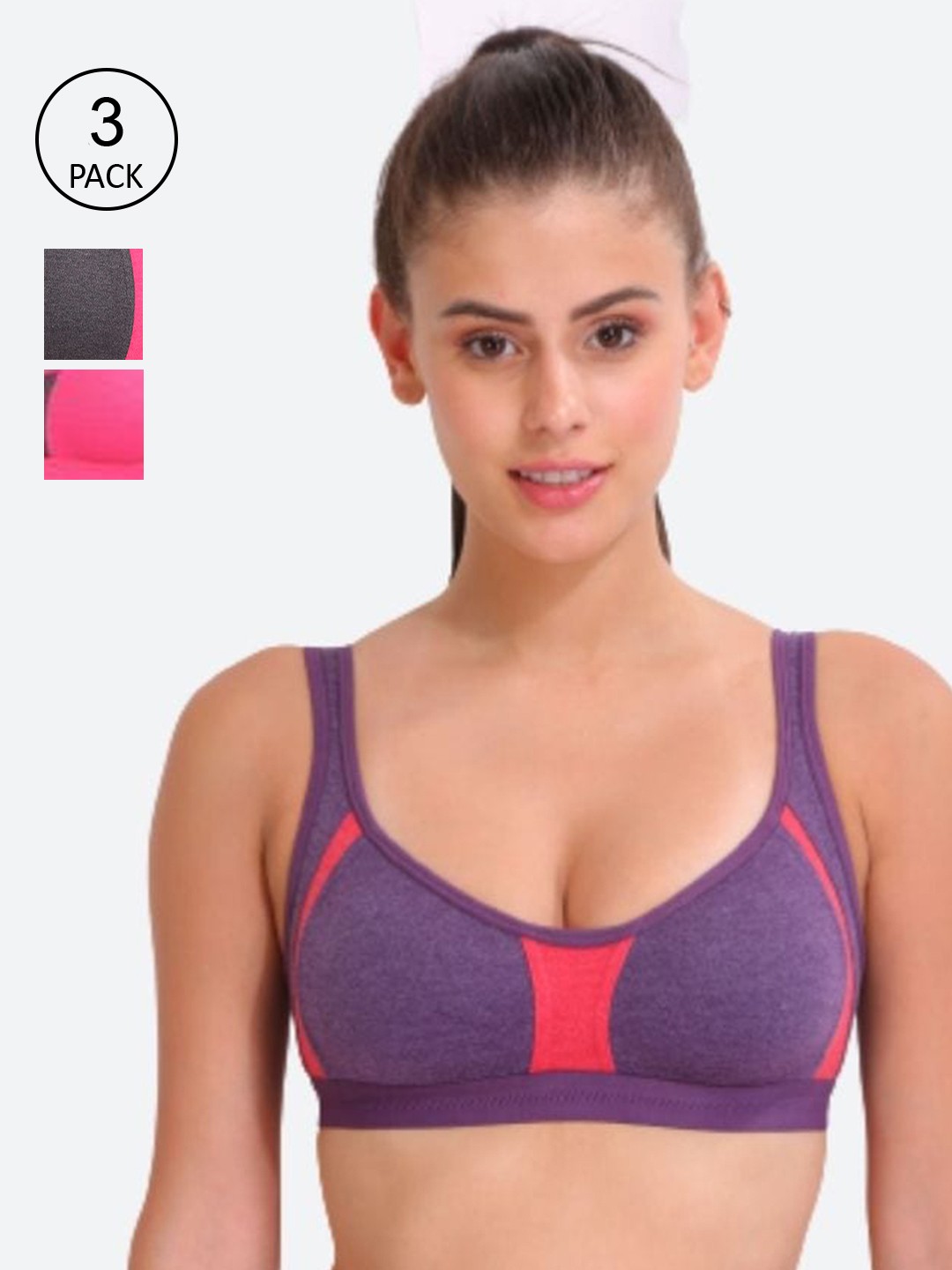 Innocence Set Of 3 Non-Wired Non-Padded Full Coverage Sports Bra, Pink