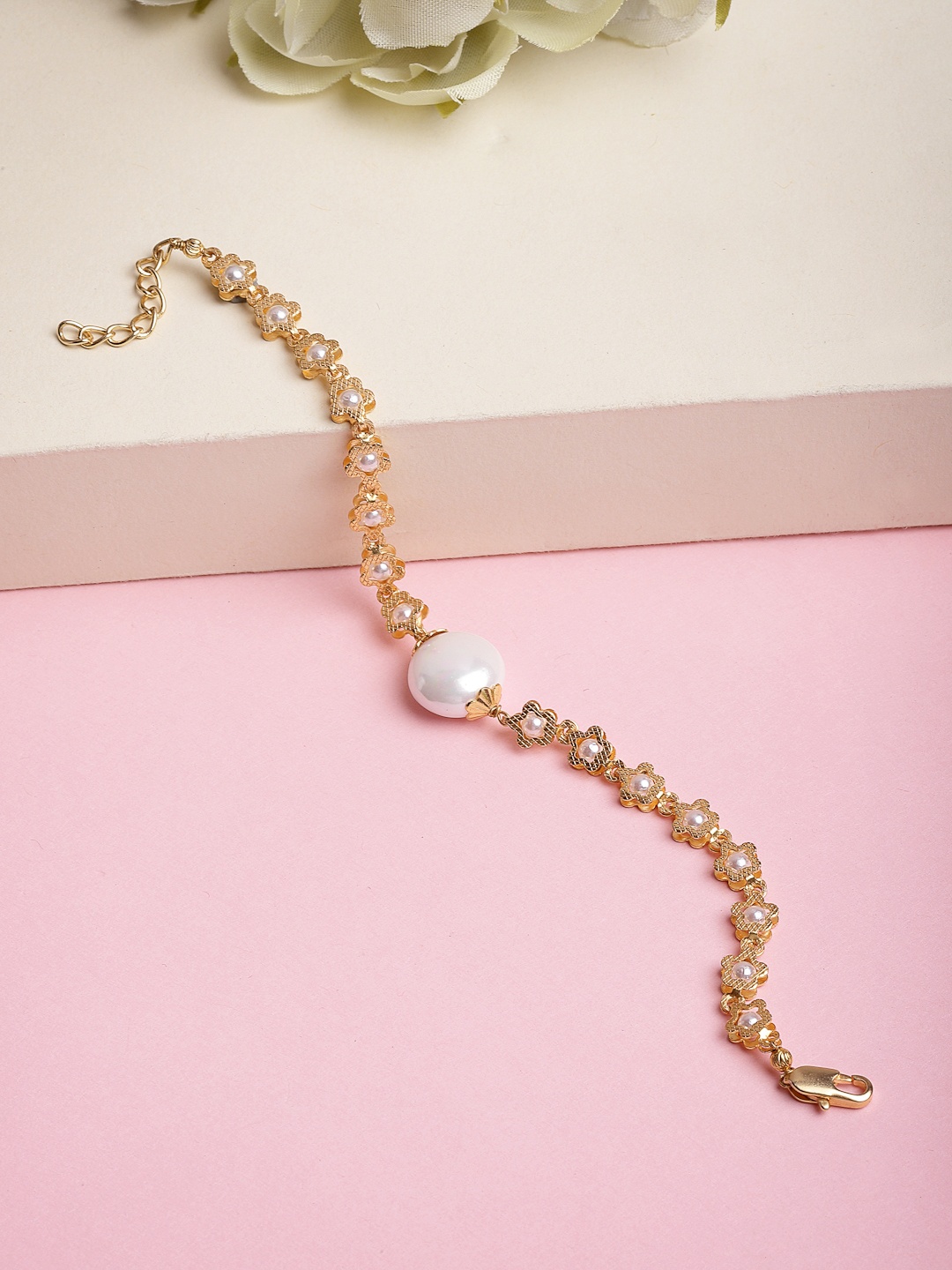 

PANASH Women Gold-Toned & White Brass Pearls Gold-Plated Charm Bracelet