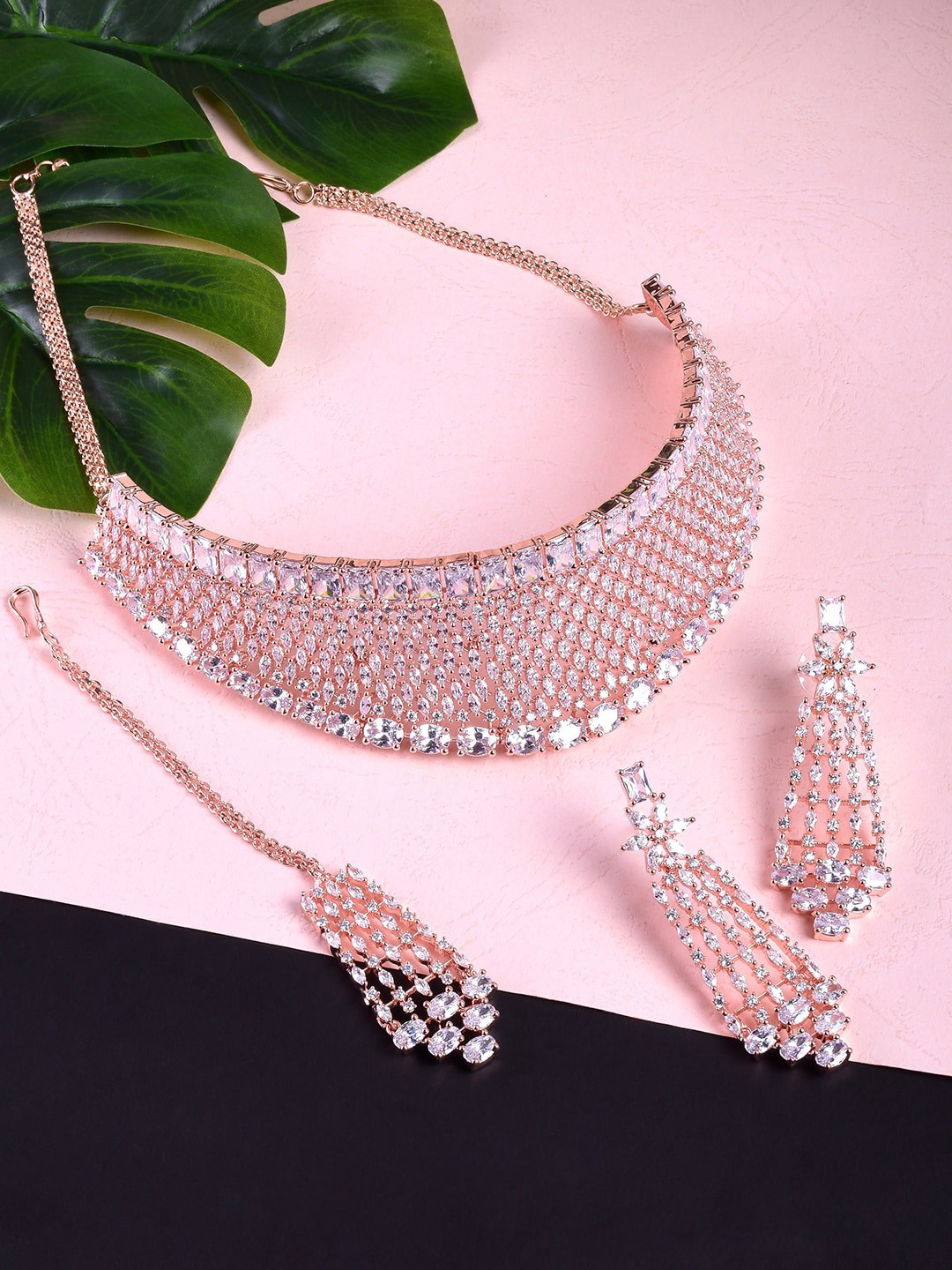 

STEORRA JEWELS Rose Gold-Plated White AD-Studded Jewellery Set