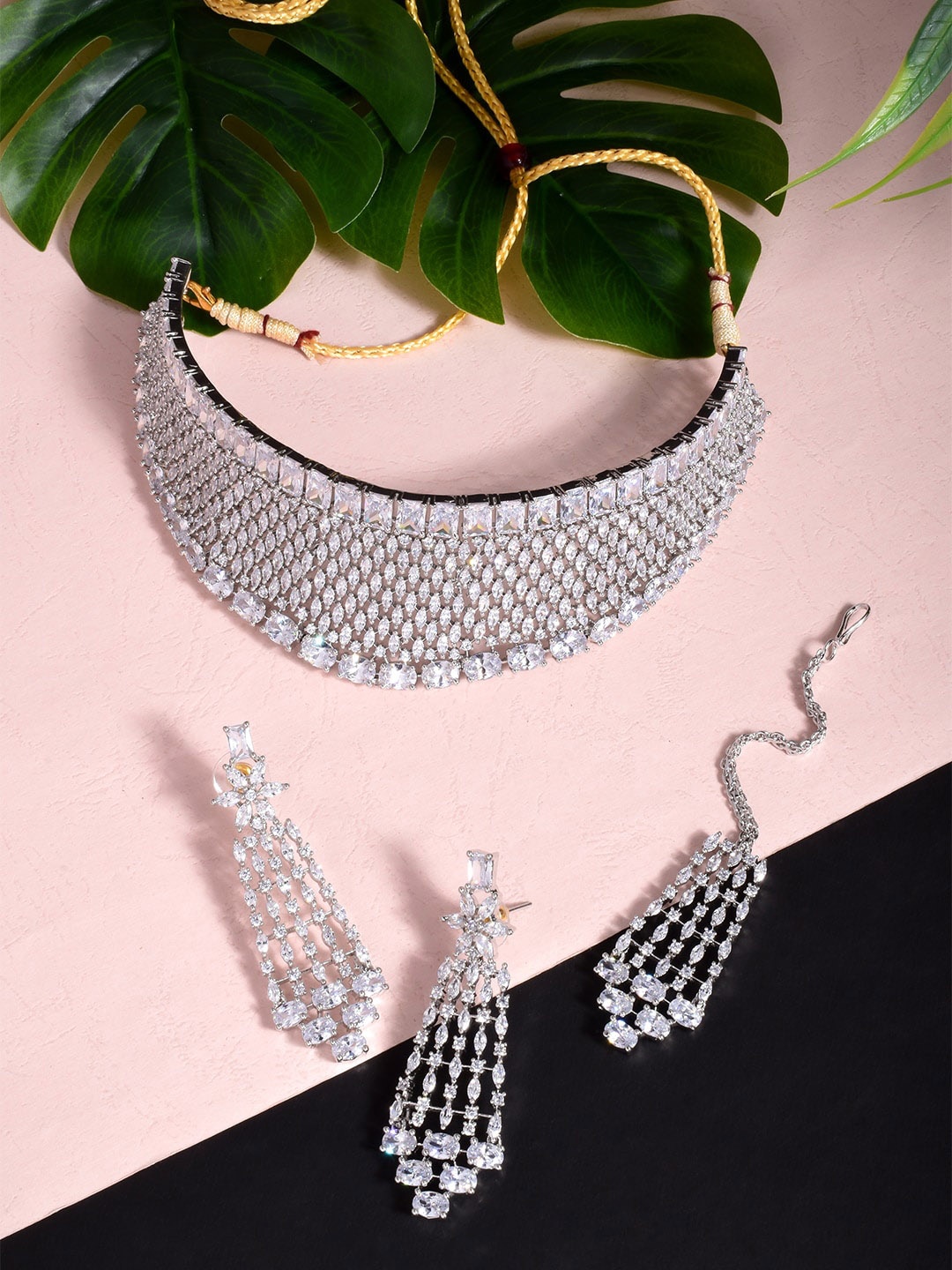 

STEORRA JEWELS Silver-Plated White AD Studded Jewellery Set