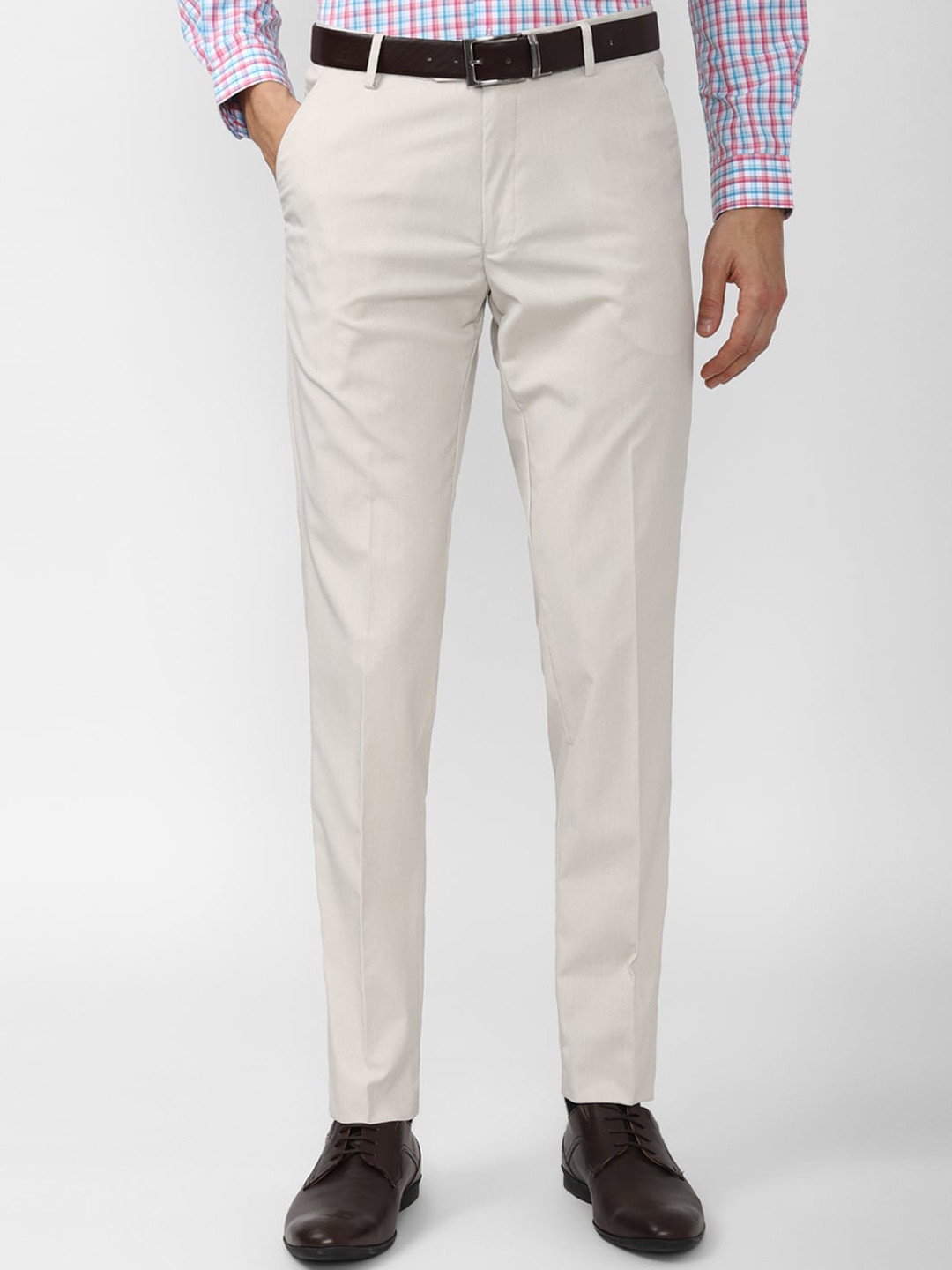 

Peter England Men Off White Textured Slim Fit Trousers