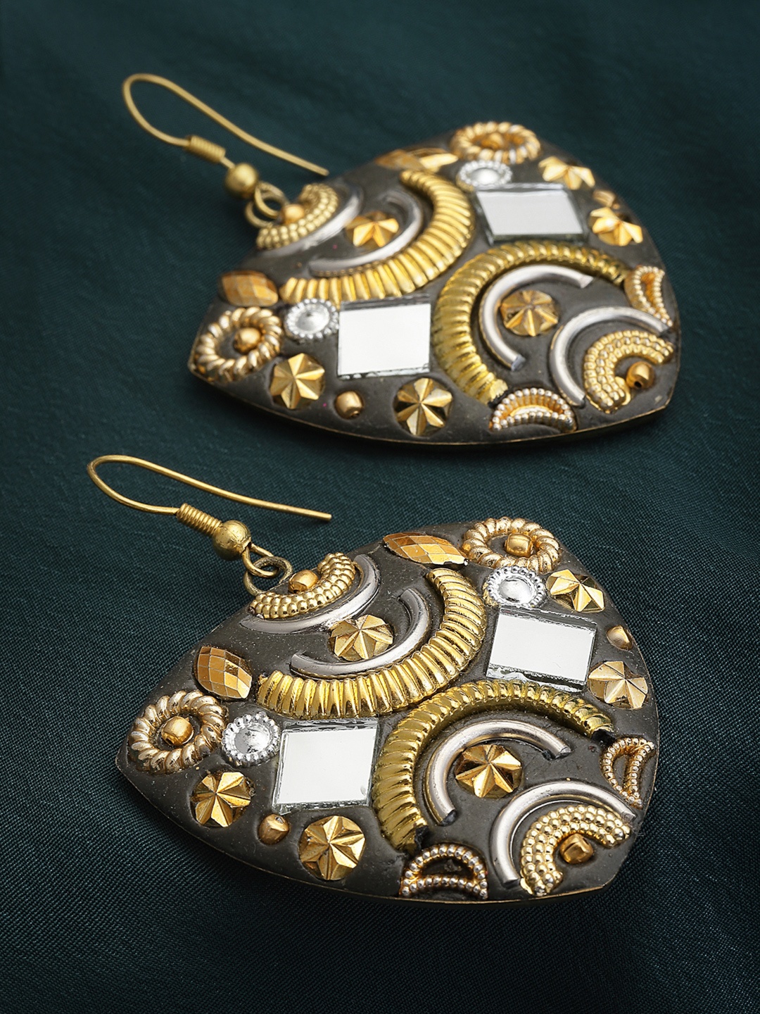 

PANASH Women Gold-Toned Mirror Work & Black Contemporary Drop Earrings