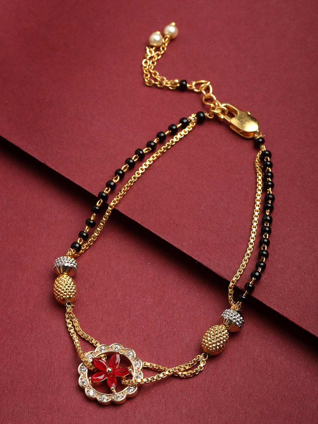 

PANASH Black & Pink Gold-Plated Artificial Stones & Beads Mangalsutra Bracelet