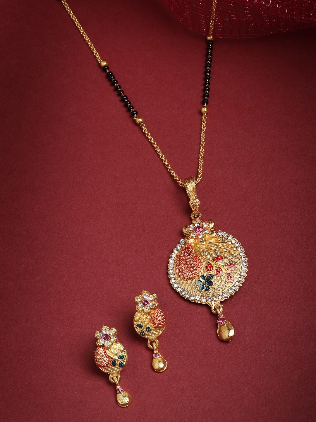 

PANASH Gold-Plated Gold CZ Studded & Beaded Mangalsutra With Earring