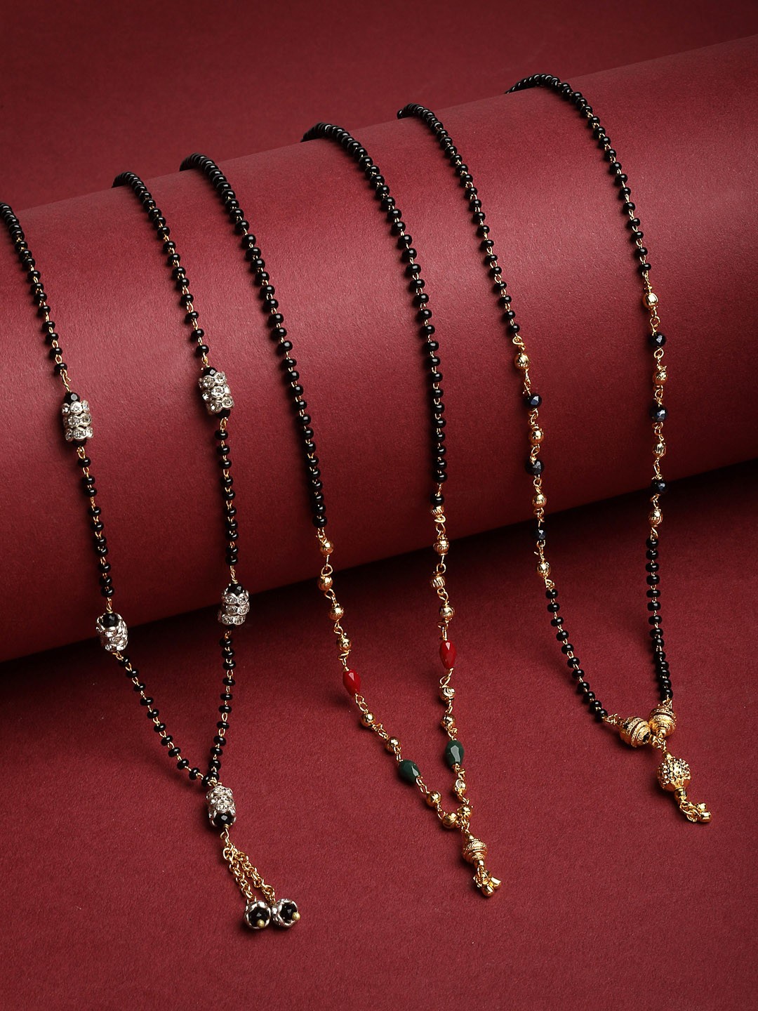 

PANASH Set Of 3 Gold-Plated White CZ Stone-Studded & Black Beaded Handcrafted Mangalsutra