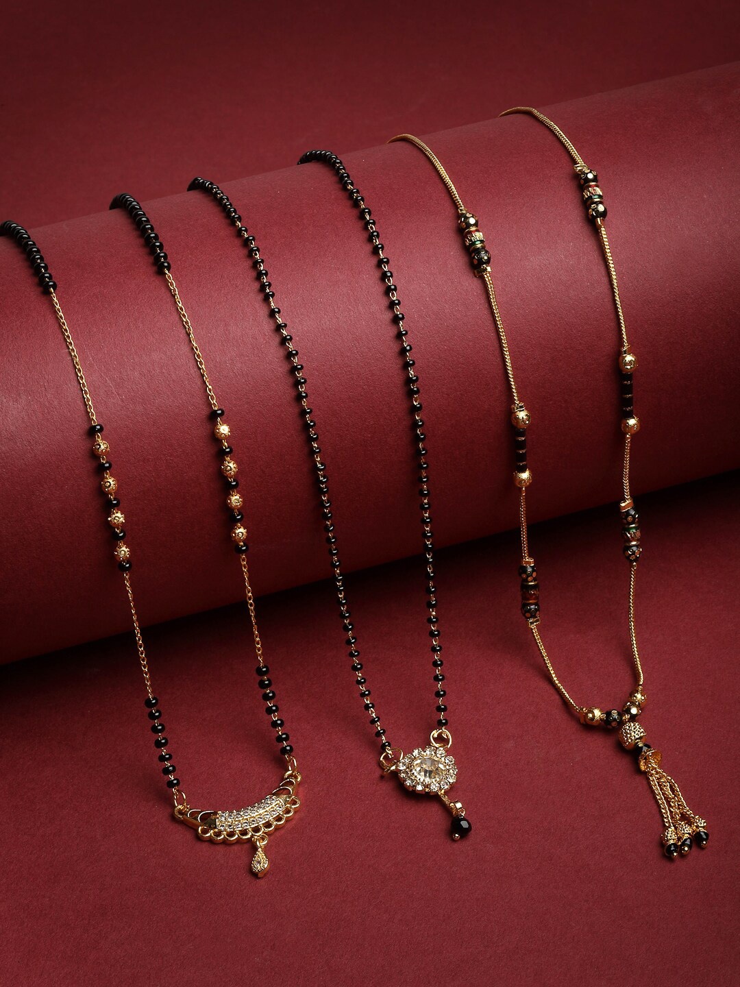 

PANASH Set Of 3 Gold-Plated Black Beads & AD Stone Studded Handcrafted Mangalsutra