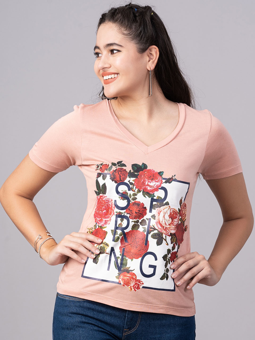 

DressBerry Women Peach-Coloured Printed V-Neck T-shirt