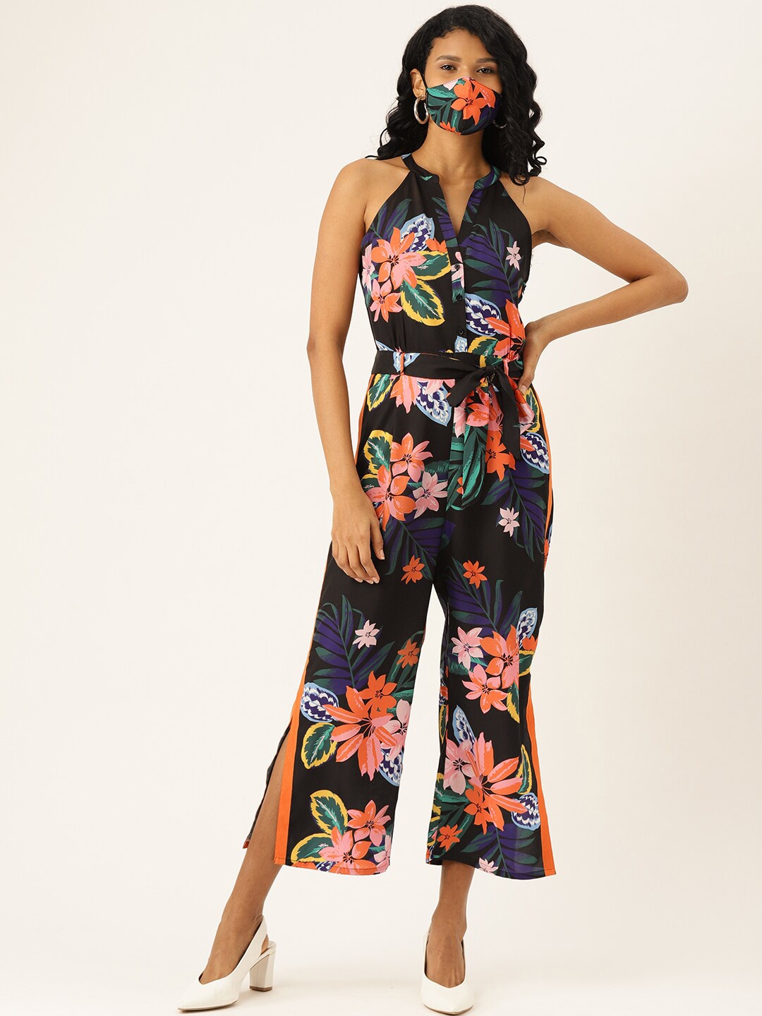 

DressBerry Black & Orange Floral Printed Basic Jumpsuit