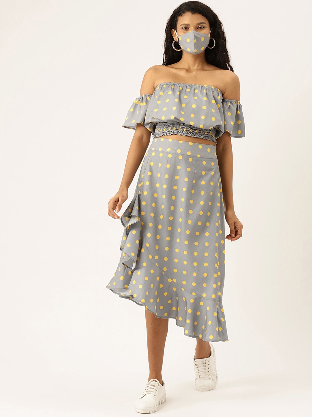 

DressBerry Polka Dot Printed Top with Skirt, Grey