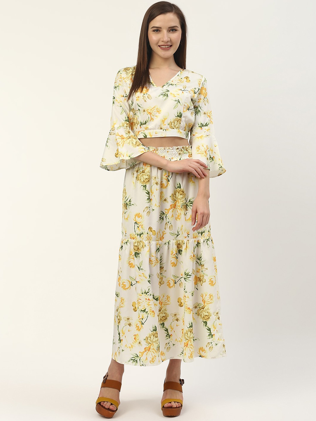 

DressBerry Women Off White & Yellow Printed Top with Skirt