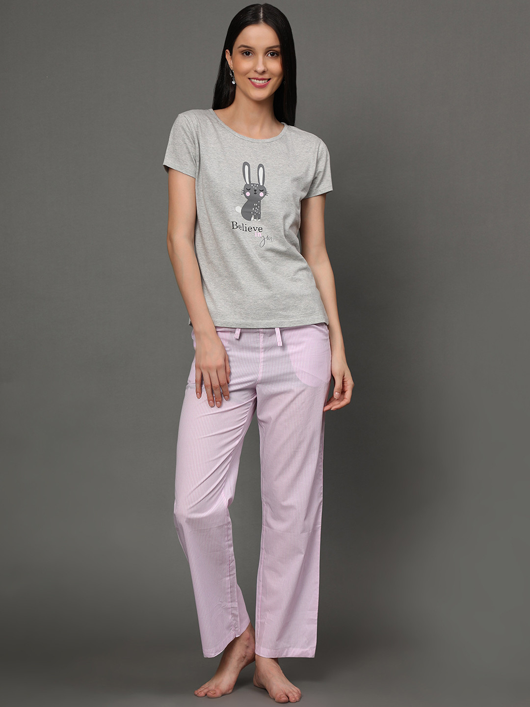 

BStories Women Grey & Pink Printed Night suit