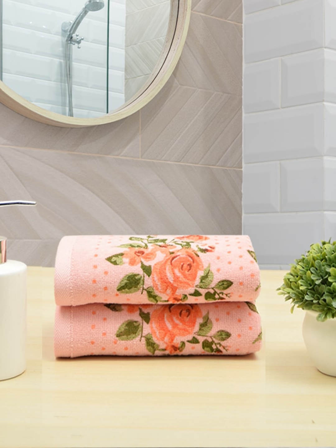 

RANGOLI 2 Pcs 450 GSM Printed Pure Cotton Hand Towels, Pink