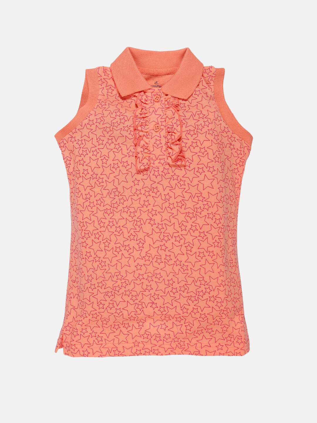 

KiddoPanti Girls Peach-Coloured Floral Polo Collar T-shirt