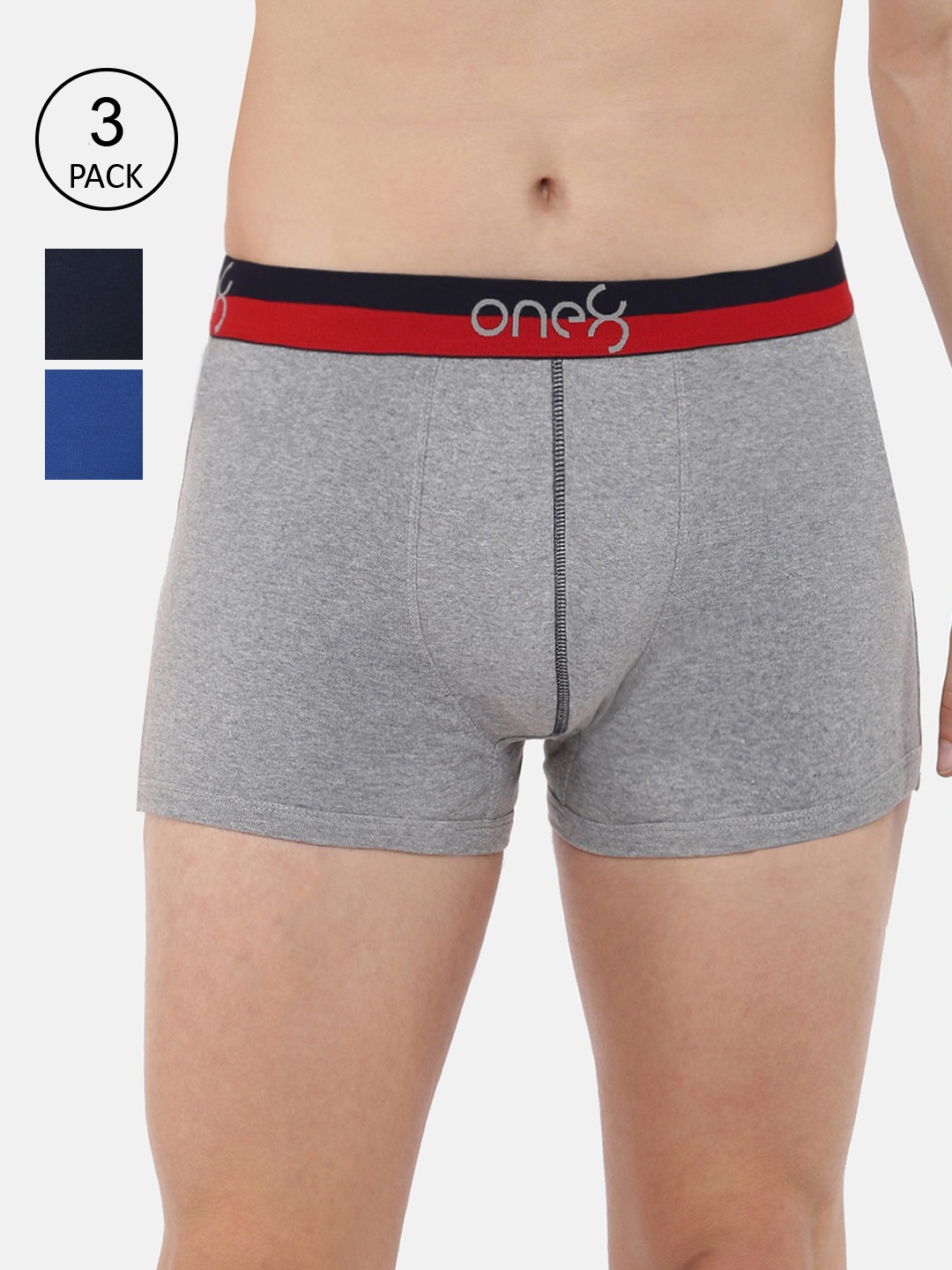 

one8 by Virat Kohli Men Pack Of 3 Blue & Grey Solid Cotton Trunk ONE8_714_GR_MBU_RBLU_3PC