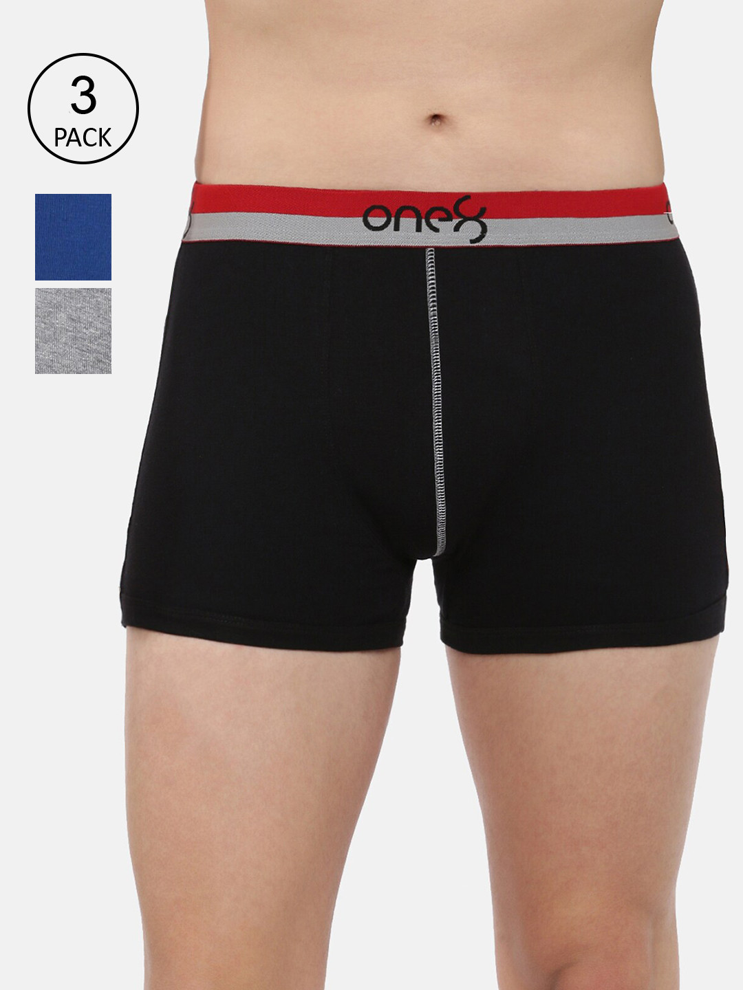 

one8 by Virat Kohli Men Pack Of 3 Solid Pure Cotton Trunks ONE8_714_BLK_GR_RBLU_3PC, Black