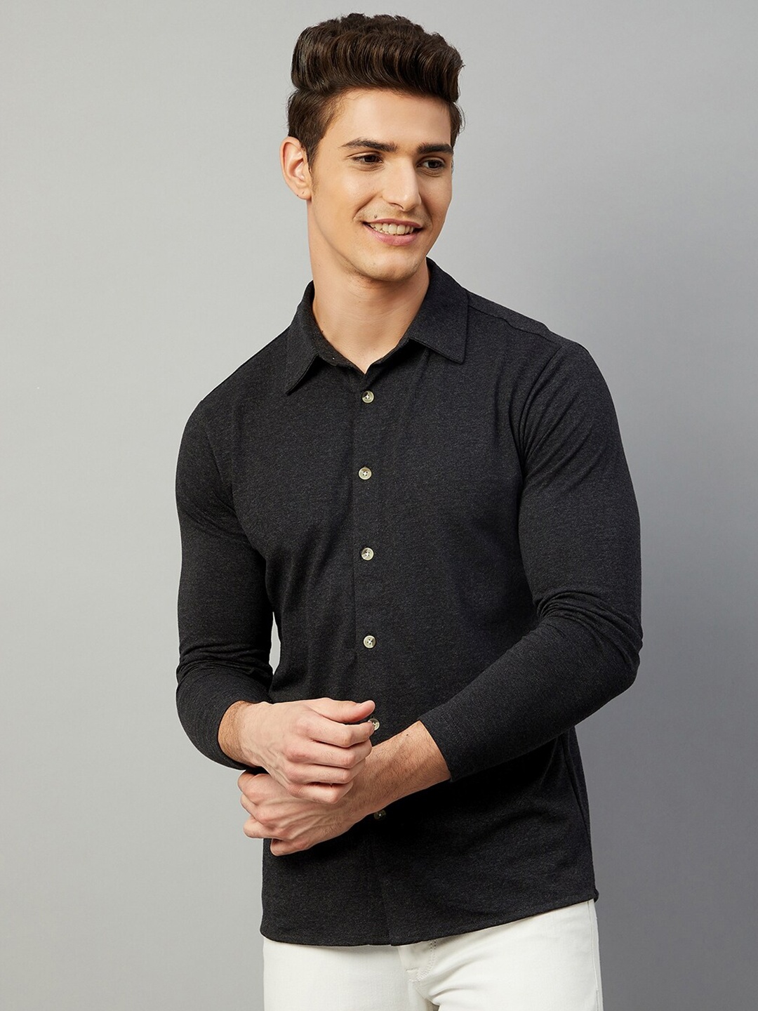 

GRITSTONES Men Charcoal Comfort Long Sleeves Cotton Casual Shirt