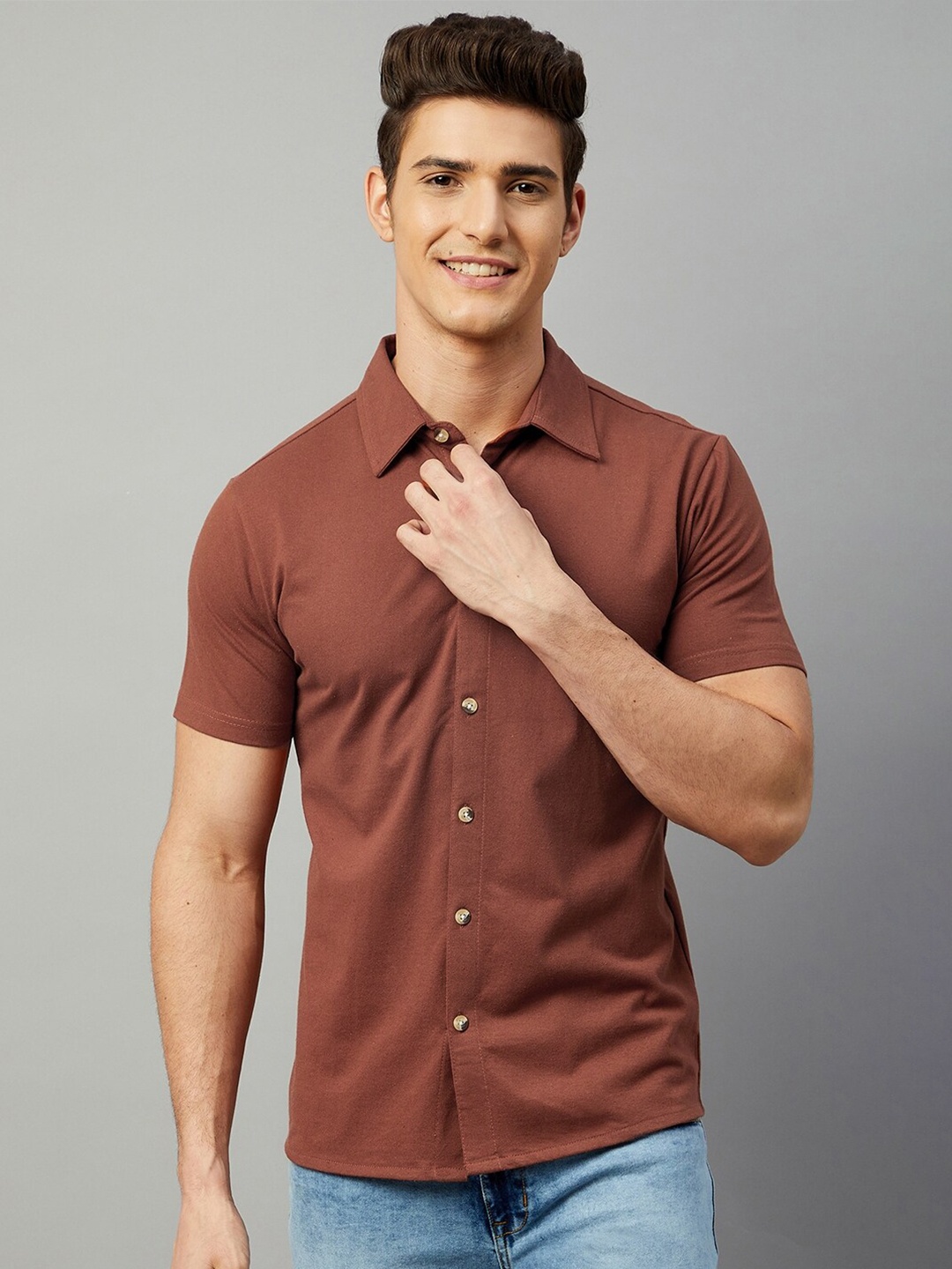 

GRITSTONES Men Brown Comfort Casual Half Sleeve Cotton Shirt