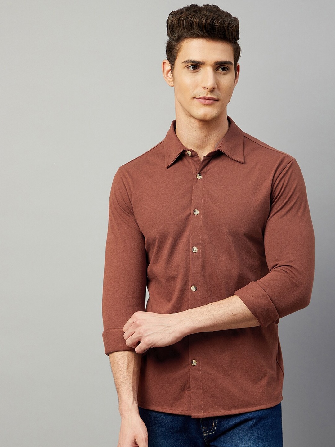 GRITSTONES Men Brown Solid Slim Fit Casual Shirt