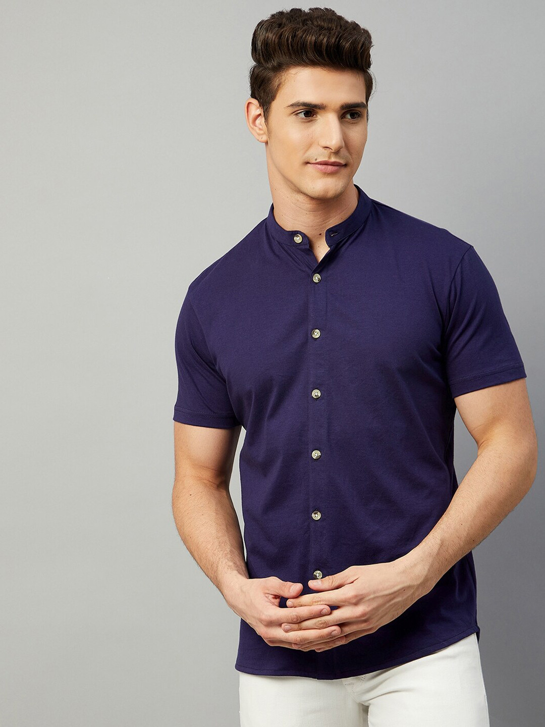

GRITSTONES Men Navy Blue Half Sleeve Plain Cotton Blend Shirt
