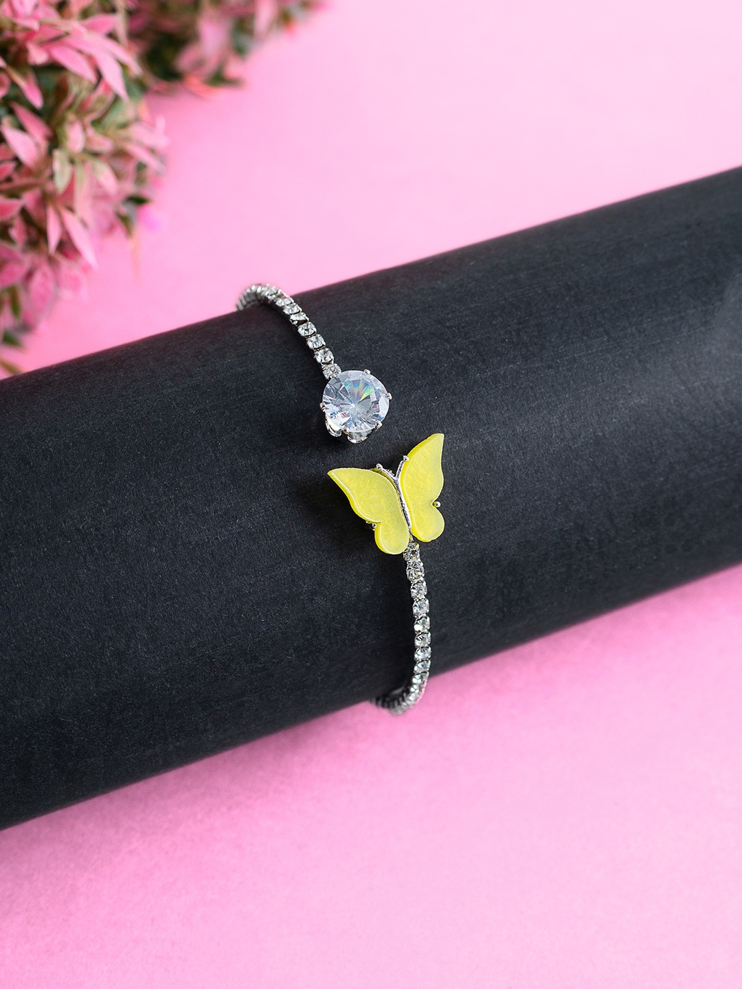 

Golden Peacock Girls Yellow & Silver-Toned Butterfly Shaped Stone-Studded Cuff Bracelet