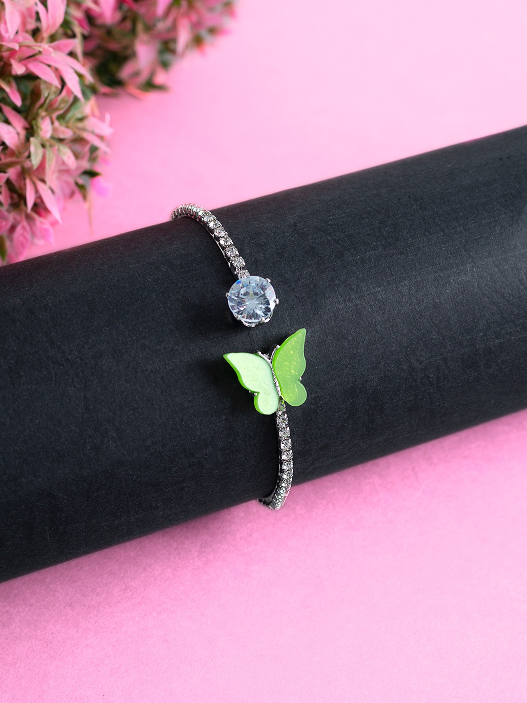 

Golden Peacock Girls Silver-Toned & Green Silver Handcrafted Silver-Plated Bangle-Style Bracelet
