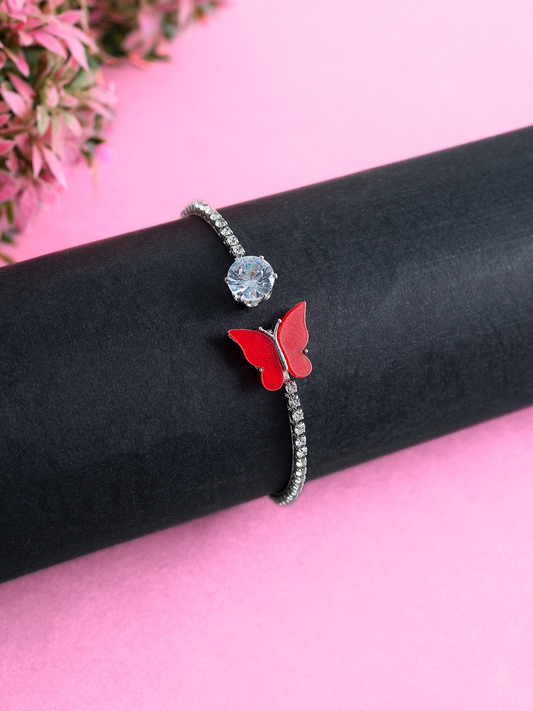 

Golden Peacock Girls Silver-Toned & Red Silver Handcrafted Silver-Plated Bangle-Style Bracelet