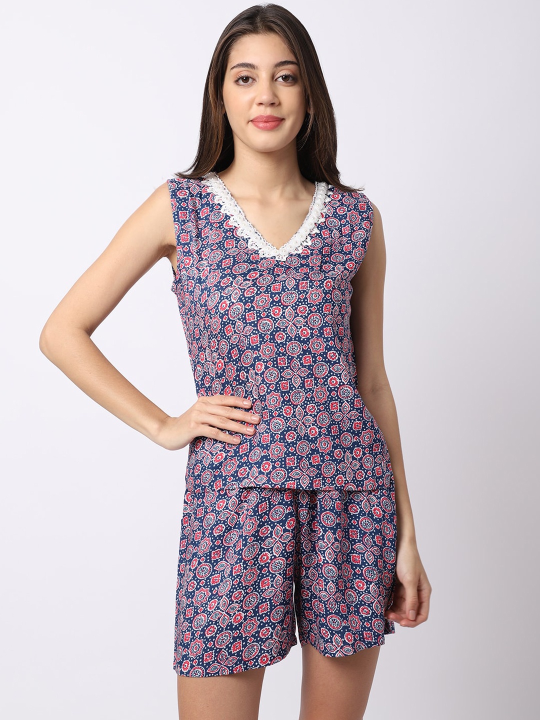 

Claura Women Blue & Red Printed Night suit