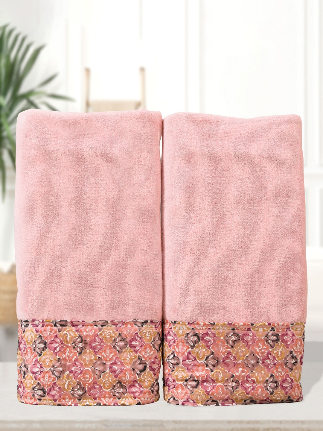 

RANGOLI 2 Pcs Pure Cotton 450GSM Lace Bath Towel, Pink