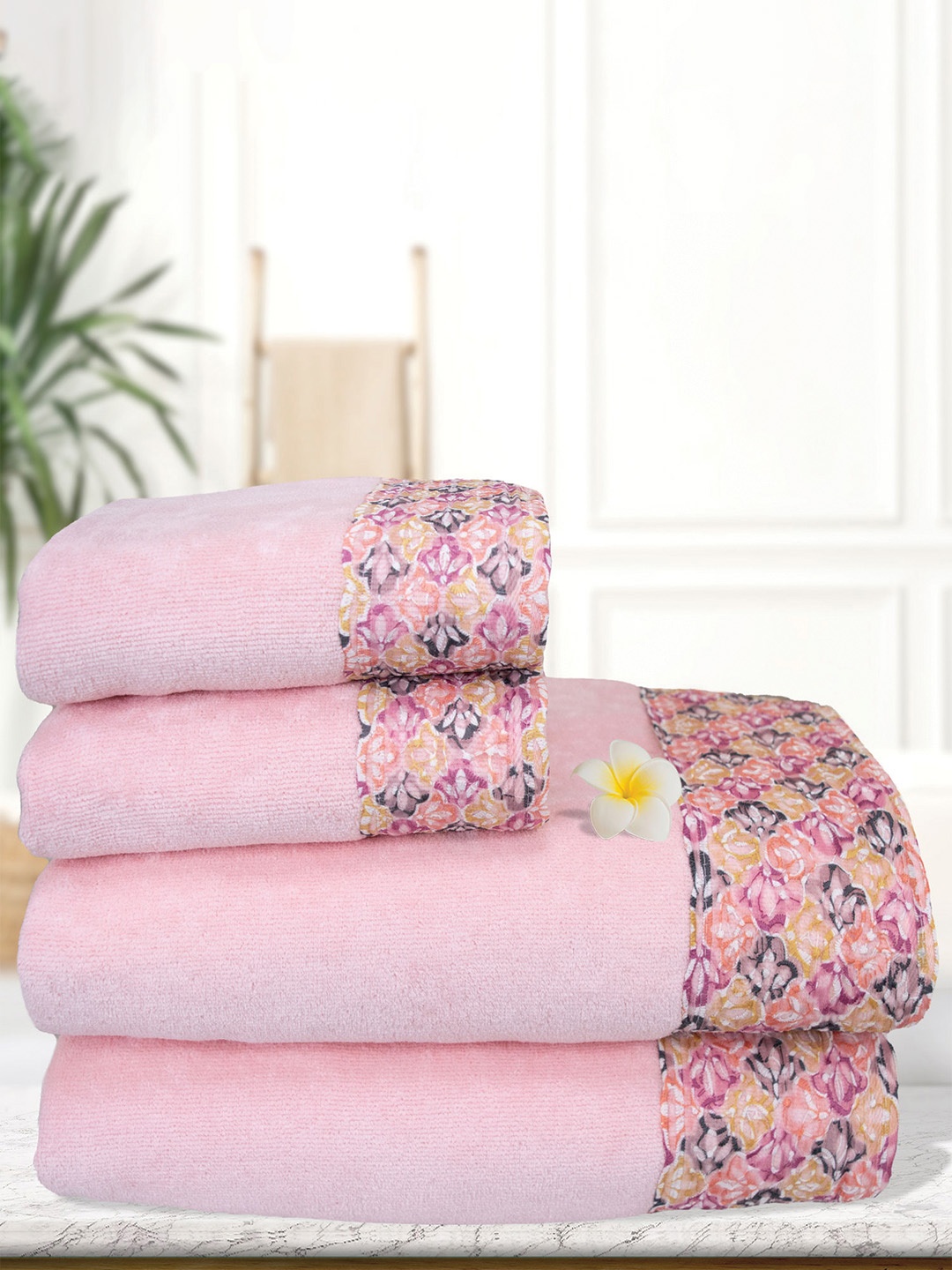 

RANGOLI Set Of 4 Solid 450 GSM Pure Cotton Towels, Pink