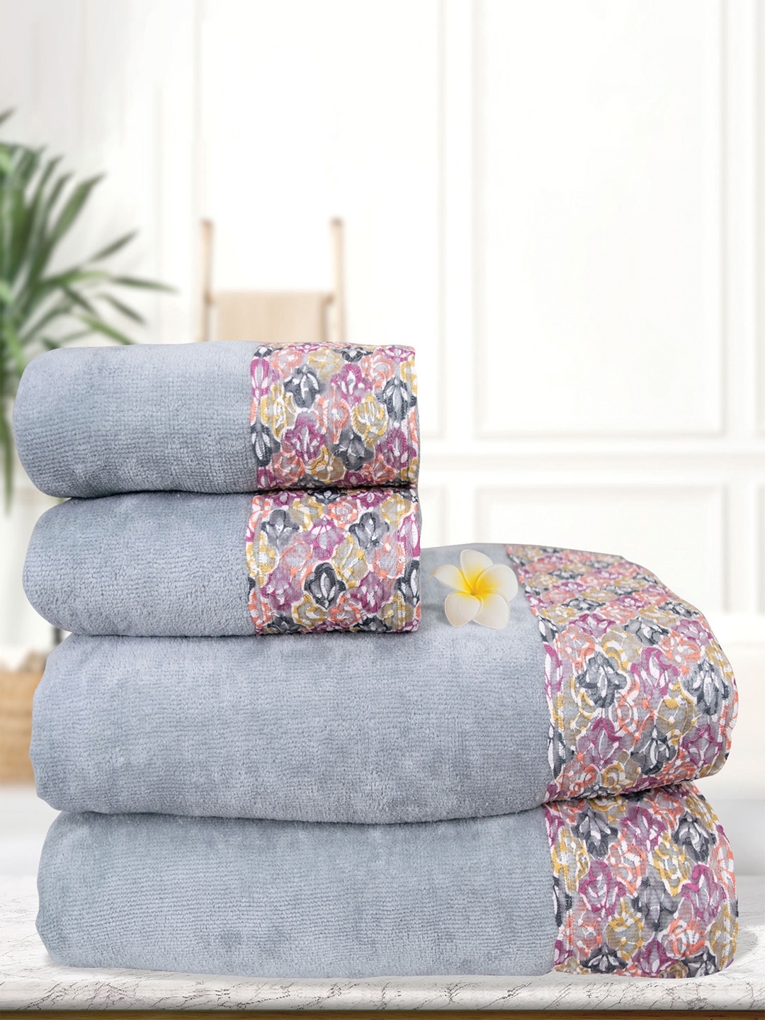 

RANGOLI Set Of 4 Grey Solid Cotton 450 GSM Towel Set