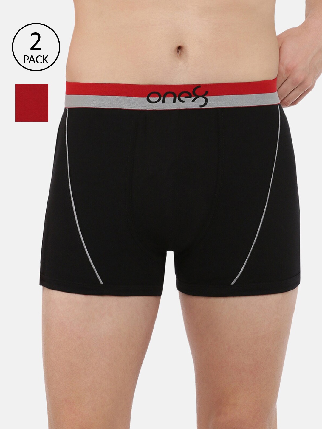 

one8 by Virat Kohli Men Pack Of 2 Black & Red Solid Pure Cotton Trunks, Multi