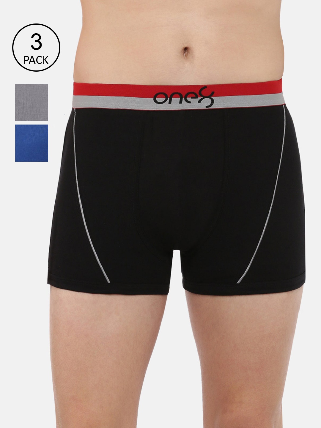 

one8 by Virat Kohli Men Pack Of 3 Solid Pure Cotton Trunks ONE8_715_BLK_GR_RBLU_3PC, Black