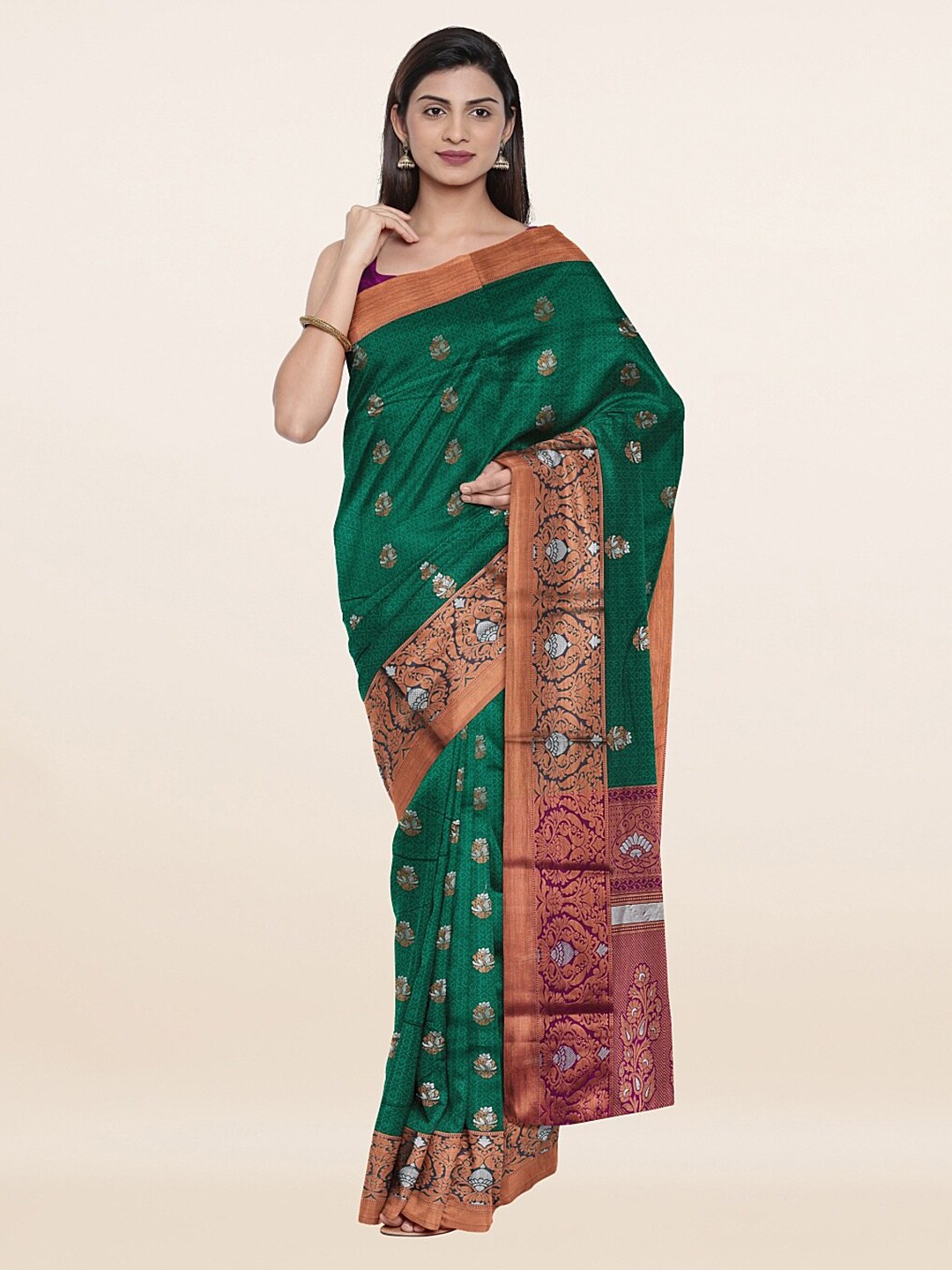 

Pothys Green & Gold-Toned Floral Zari Art Silk Saree