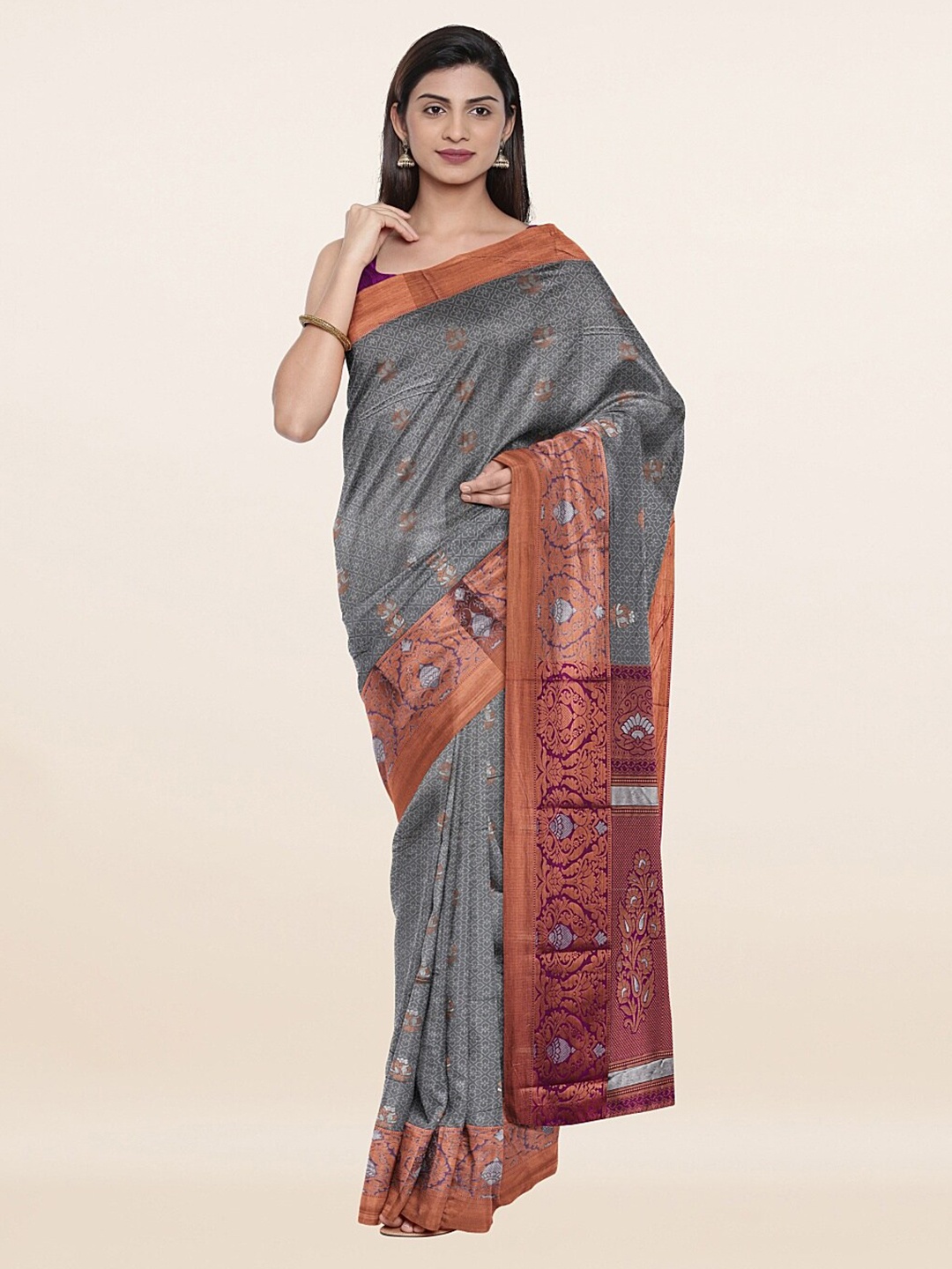 

Pothys Grey & Rust Brown Floral Zari Art Silk Saree