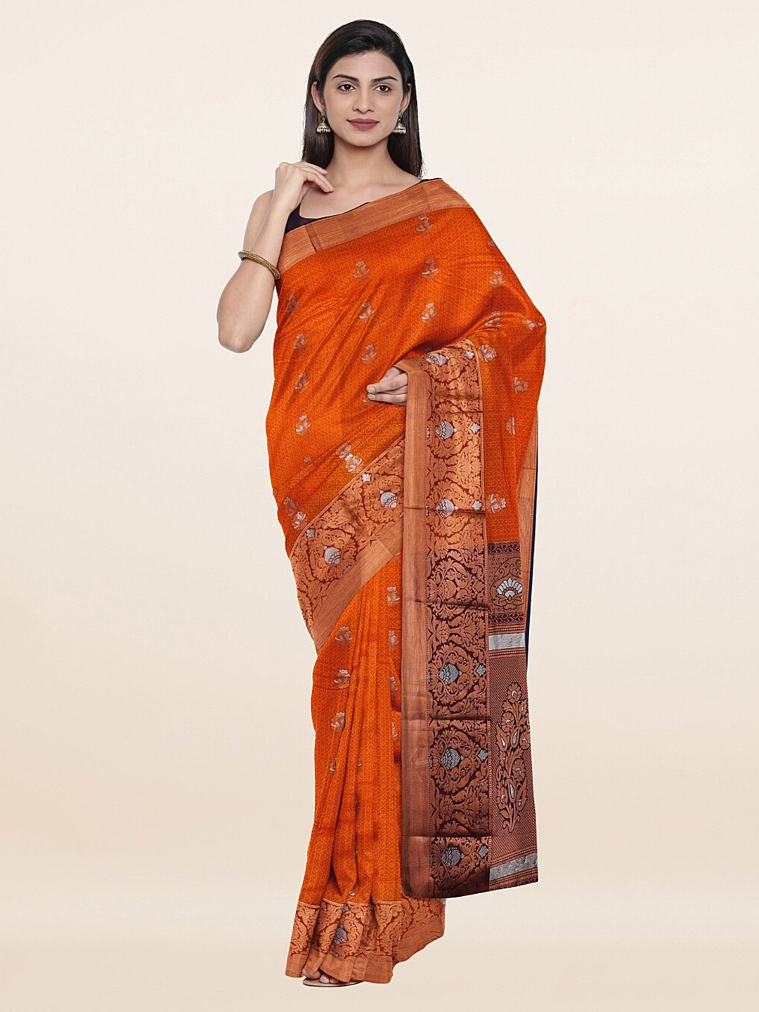 

Pothys Orange & Rust Brown Floral Zari Art Silk Saree