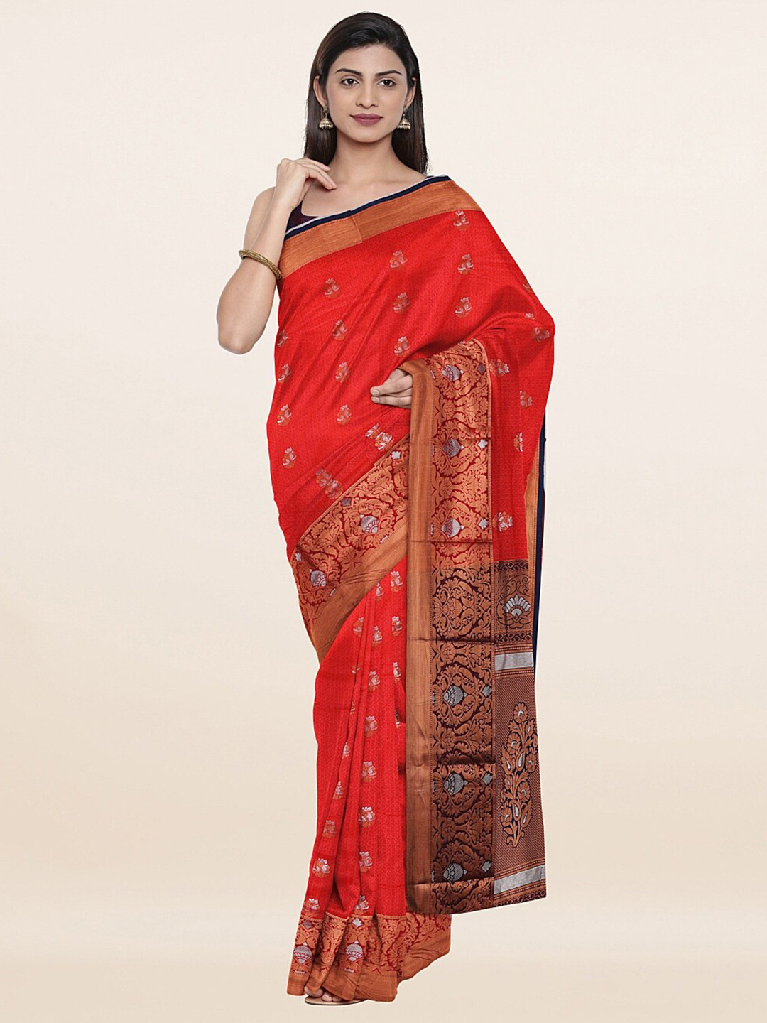 

Pothys Red & Gold-Toned Floral Zari Art Silk Saree