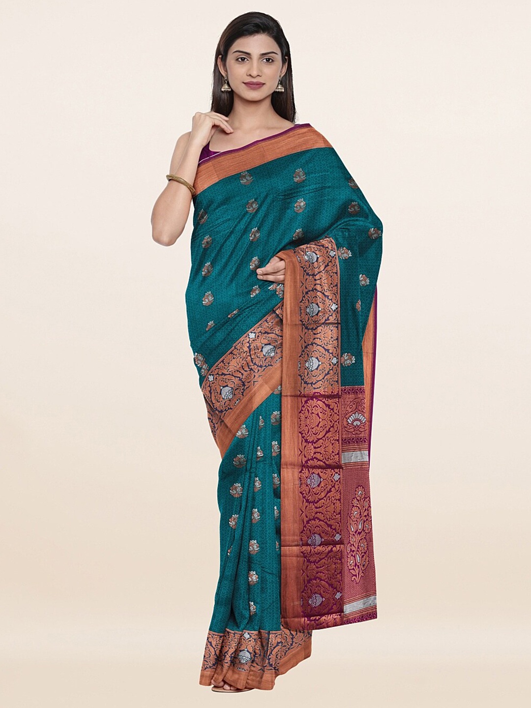 

Pothys Green & Maroon Floral Zari Art Silk Saree