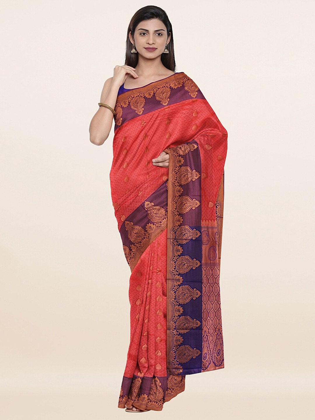

Pothys Pink & Copper-Toned Ethnic Motifs Zari Art Silk Saree