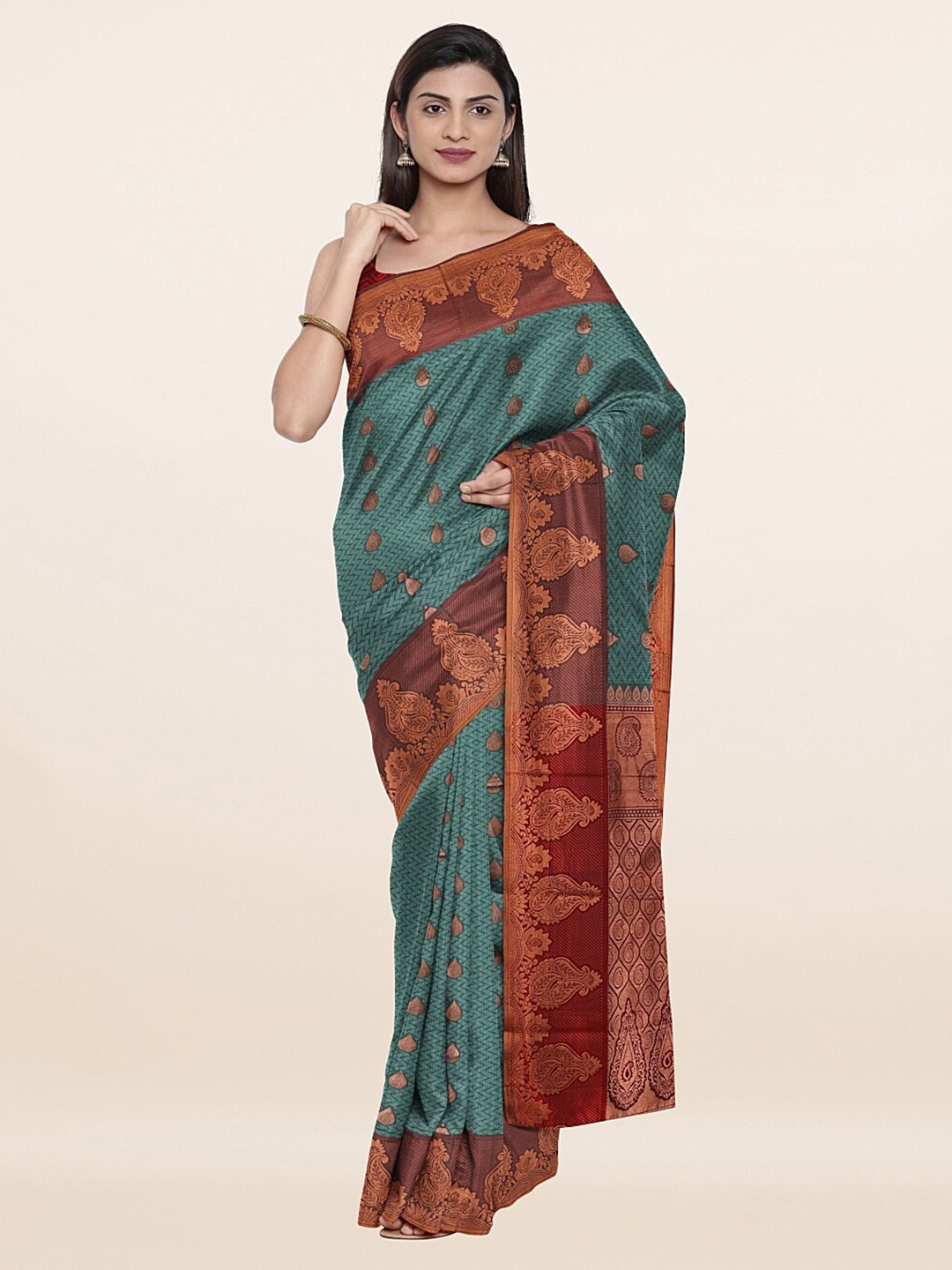 

Pothys Green & Maroon Ethnic Motifs Zari Art Silk Saree