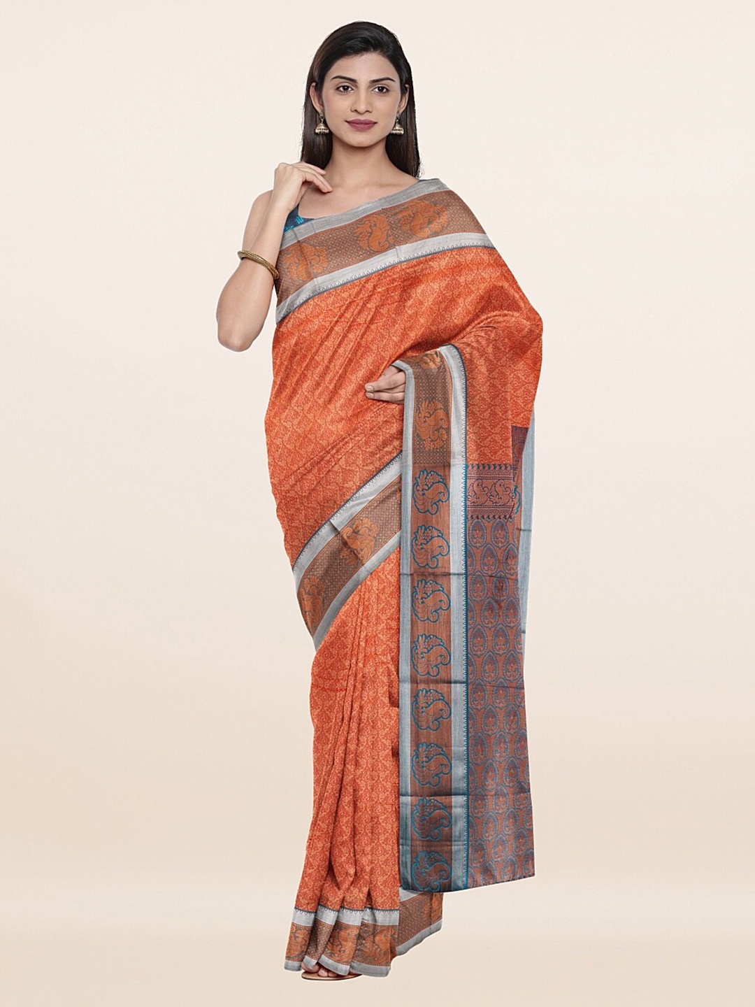 

Pothys Orange & Grey Ethnic Motifs Art Silk Saree
